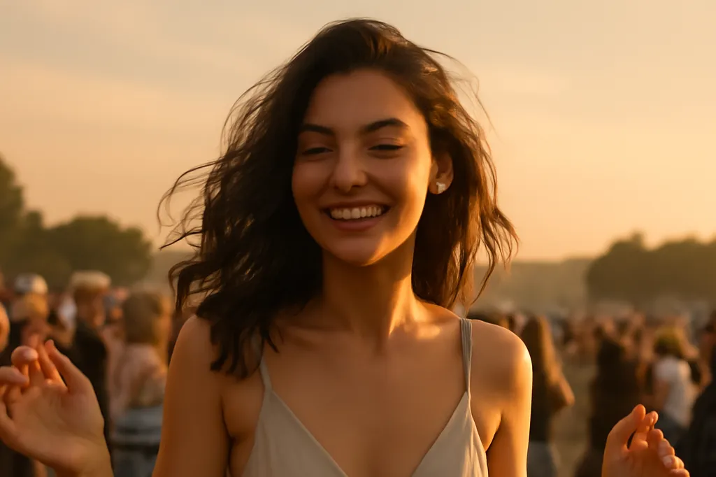 Un couple assis sur le sable face à la mer au crépuscule, partageant un moment de complicité après le festival