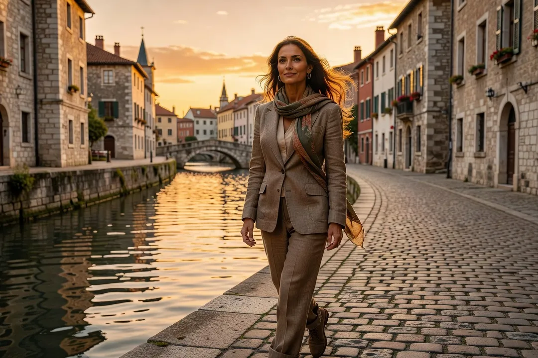 Couple se promenant main dans la main le long d'un canal européen bordé de façades colorées et de petits ponts