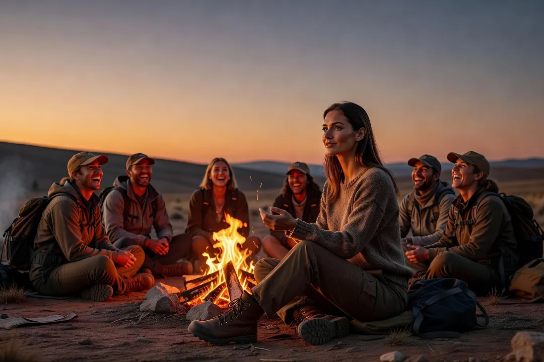 Voyageurs réunis autour d'un feu de camp le soir lors d'un circuit d'excursion en petit groupe