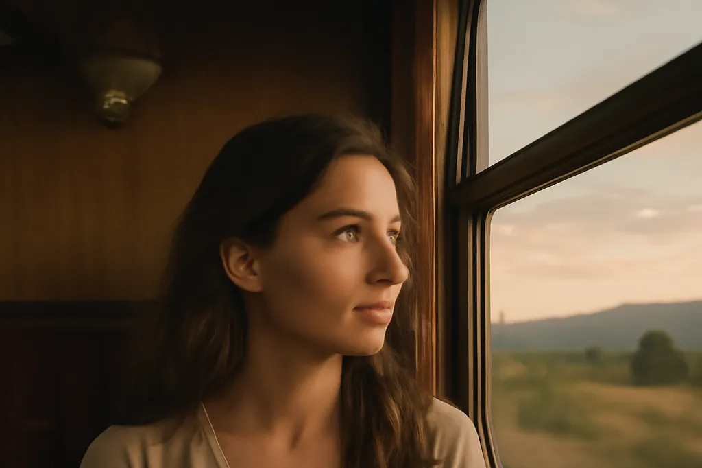 Voyageuse regardant par la fenêtre d'un train de nuit, paysage nocturne défilant dans l'obscurité