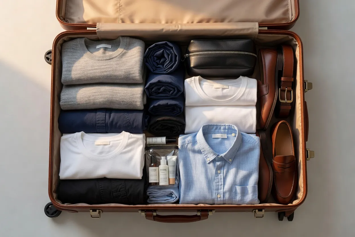 Valise ouverte sur un lit avec des vêtements soigneusement pliés et rangés en piles pour un voyage à deux