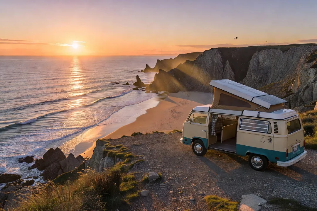 Van aménagé garé face à la mer au coucher du soleil, aménagement intérieur visible par la porte coulissante